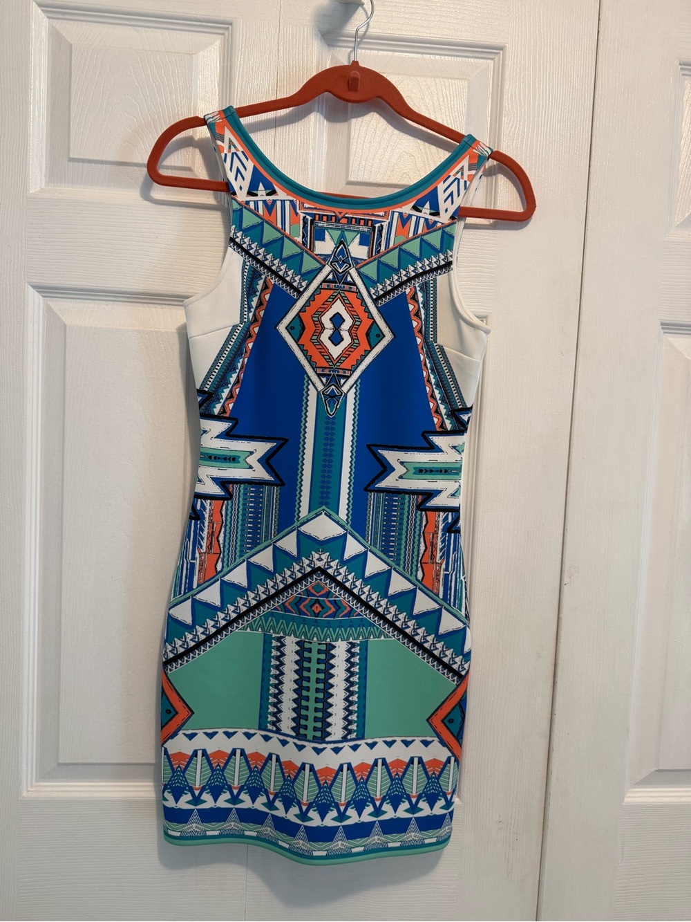 Geometric Print Sleeveless Mini Dress in Blue & Teal